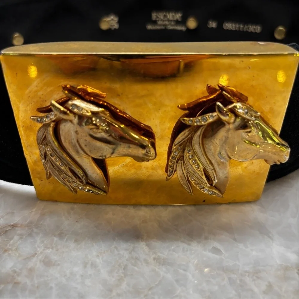 ESCADA Vintage Horse Head Buckle Belt Black Suede Wide Belt Gold Western Germany